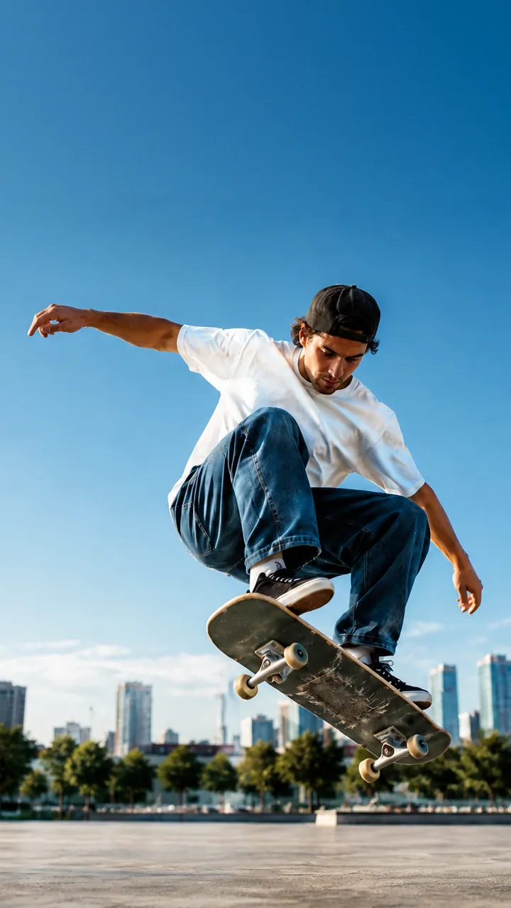 Before: a skateboarder mid-air in a city skate park